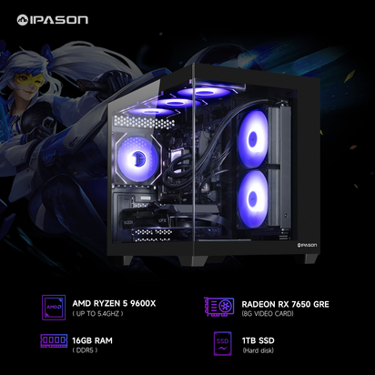 Gaming PC - AMD Ryzen 5 9600X, Radeon RX 7650 GRE, 16GB DDR5, 1TB Nvme SSD, 650W Gold PSU, Wi-Fi, Liquid Cooling, ARGB Fans, Windows 11 Home (Prebuilt Desktop)New