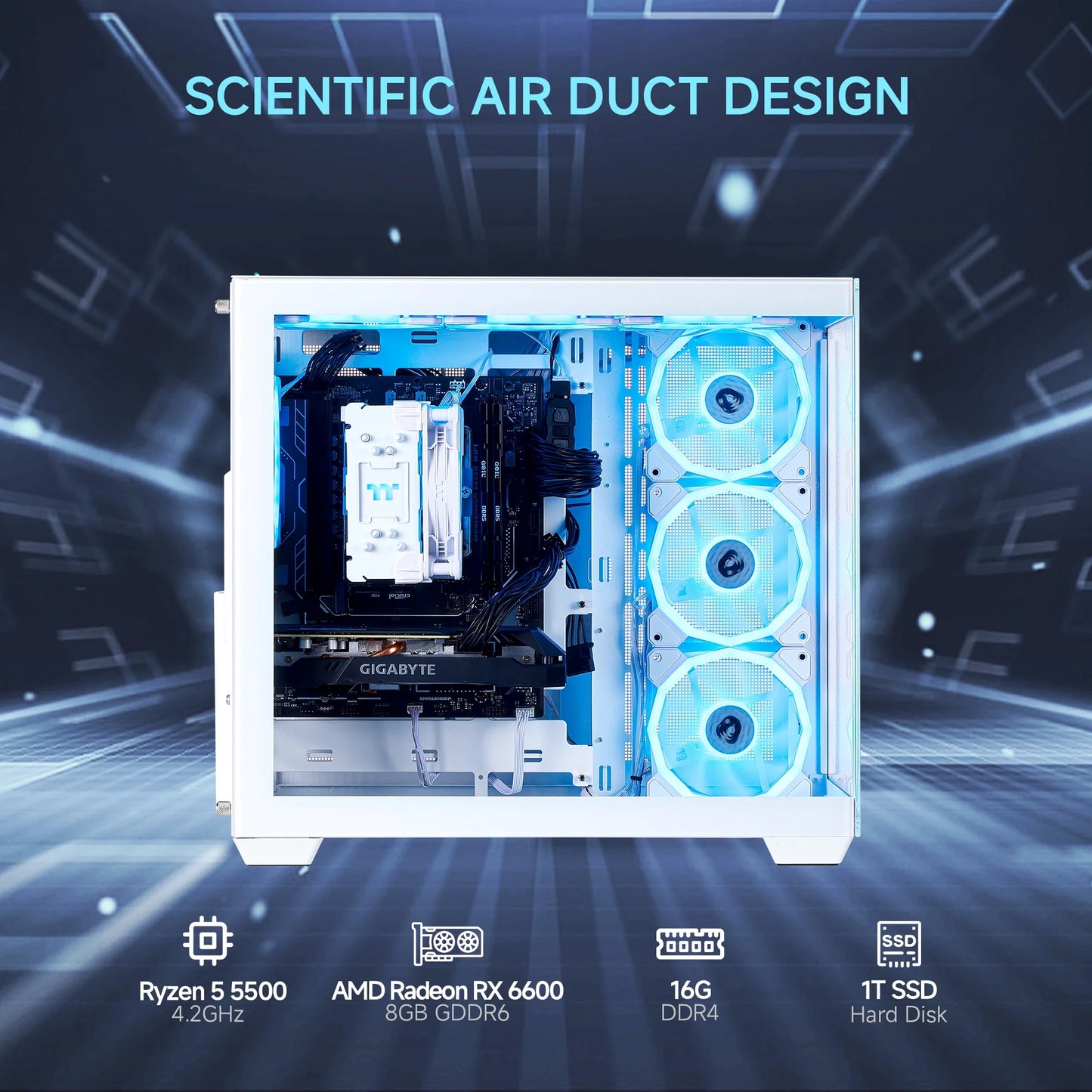 PC Gamer Gaming Desktop, AMD Ryzen 5 5500, Radeon RX 6600 8GB, 16GB DDR4, 1TB SSD, White, WIFI, Windows 11 Home