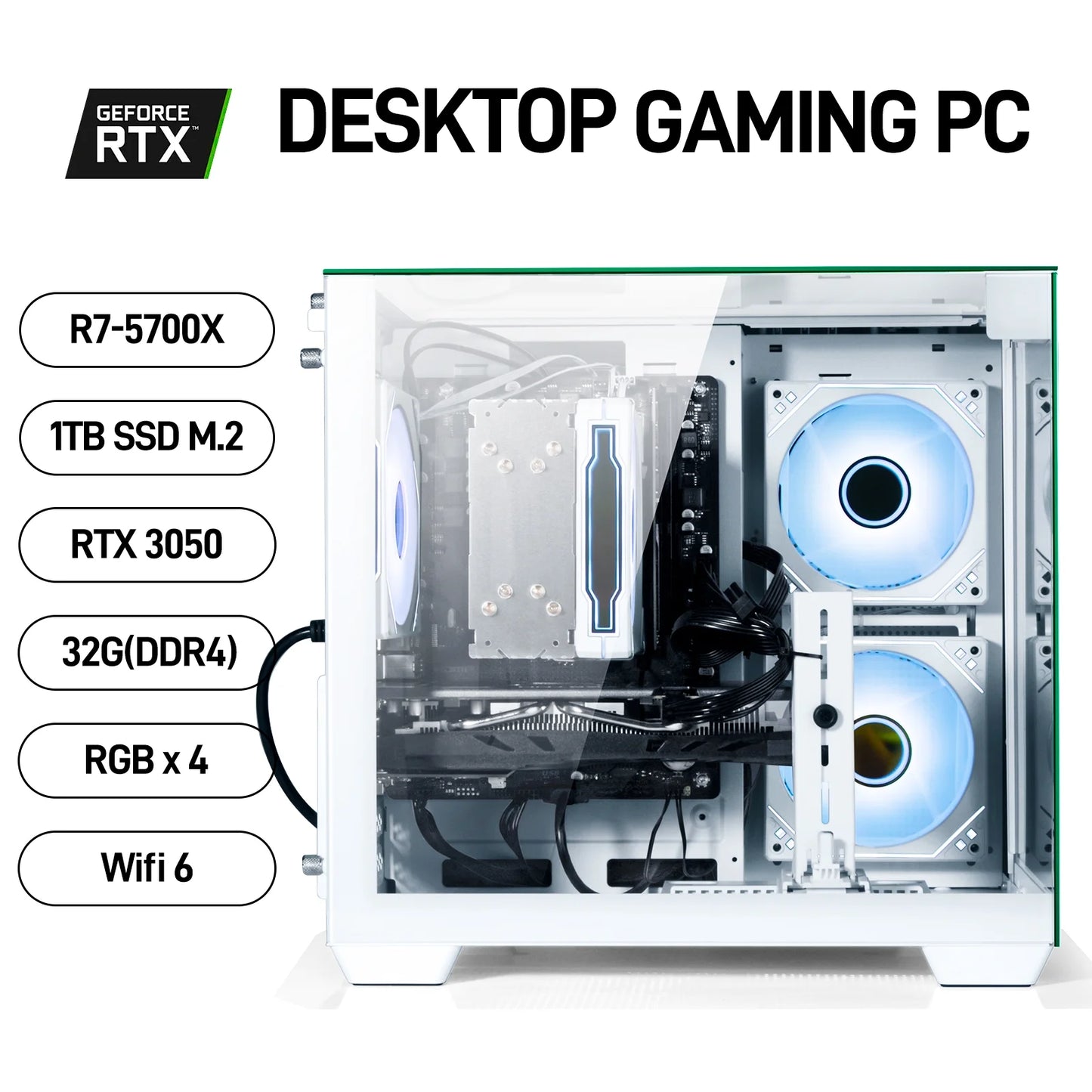 Gaming PC Desktop - AMD Ryzen 7 5700X, Geforce RTX 3050 6GB, 32GB DDR4, 1TB Nvme SSD, Wifi 6, Windows ,White