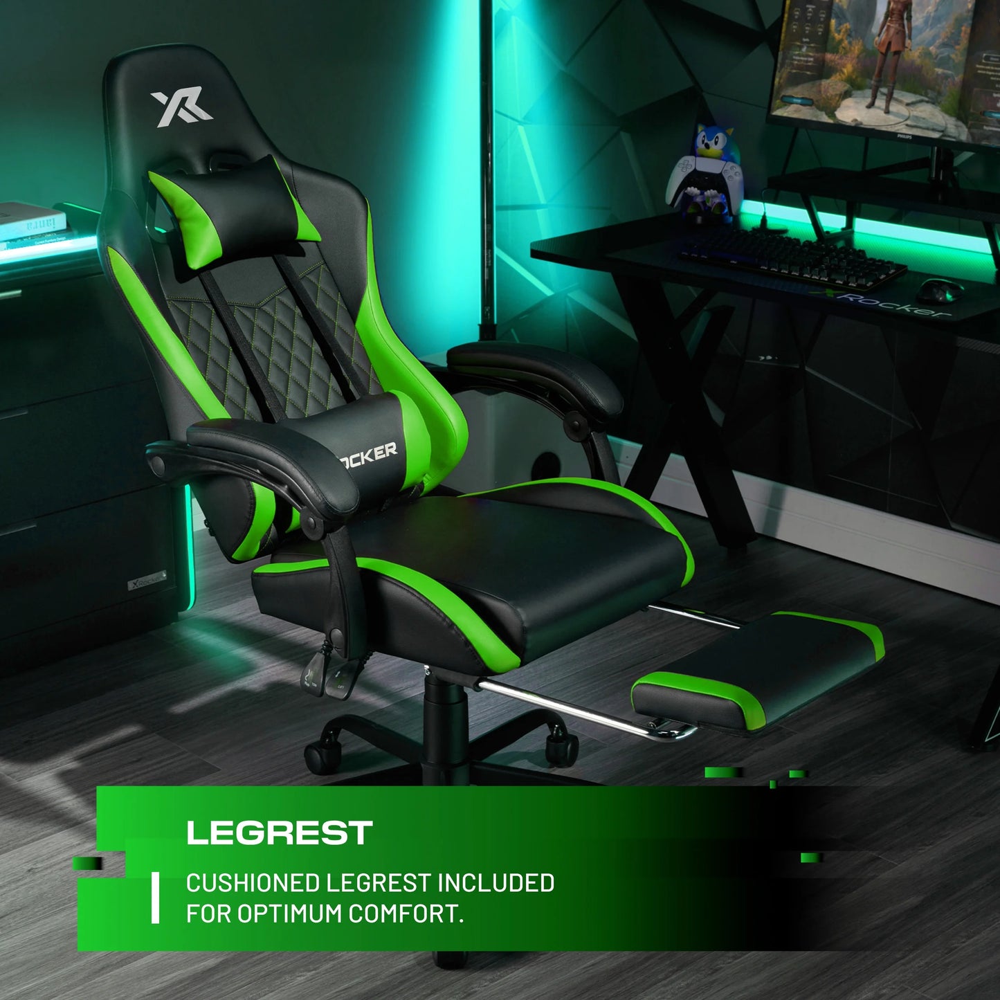 Apex PC Gaming Chair with Massage Function and Footrest, Green