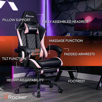 Apex PC Gaming Chair with Massage Function and Footrest, Pink