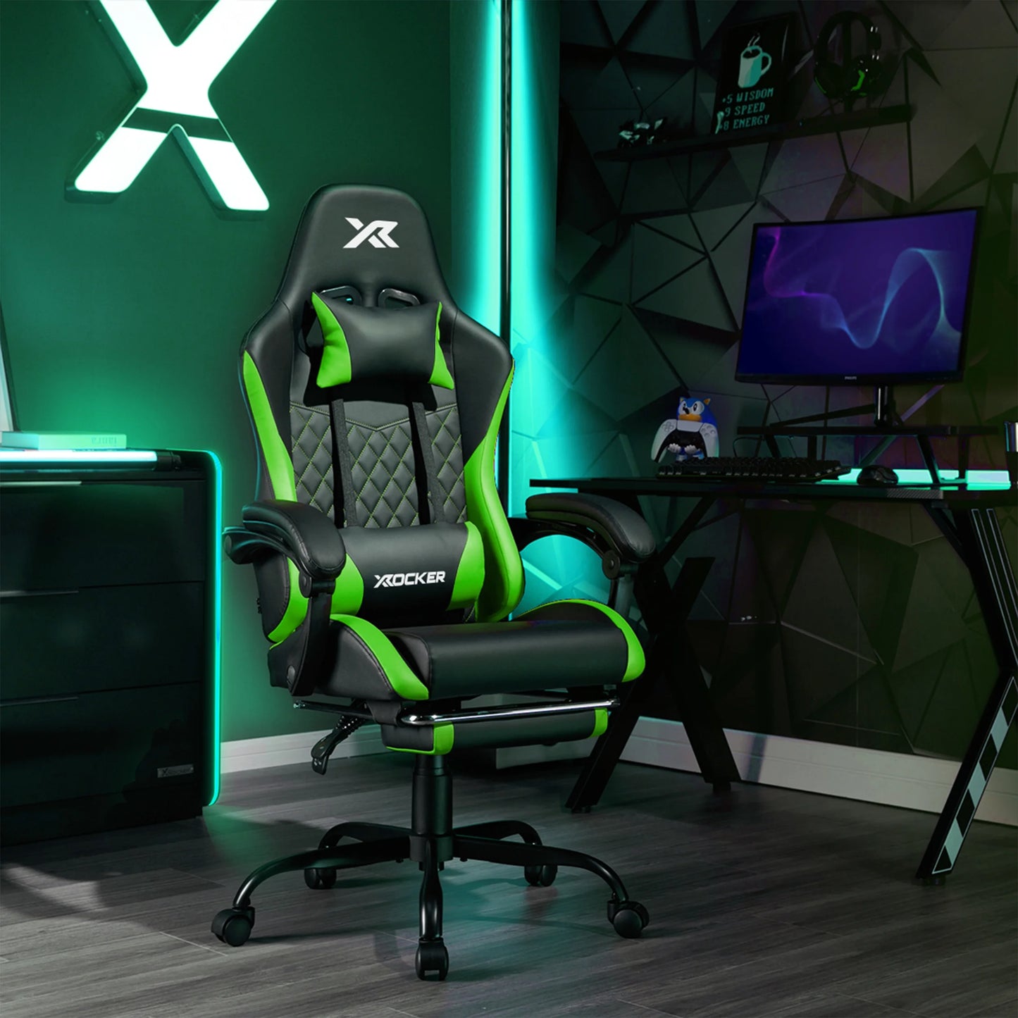 Apex PC Gaming Chair with Massage Function and Footrest, Green