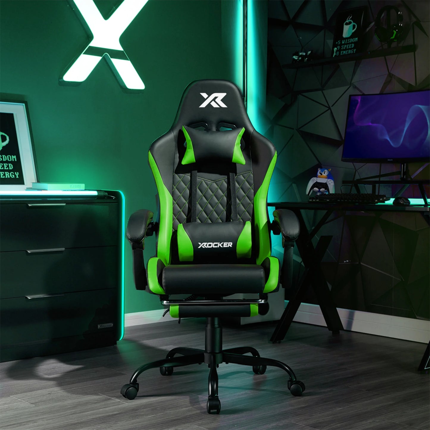 Apex PC Gaming Chair with Massage Function and Footrest, Green