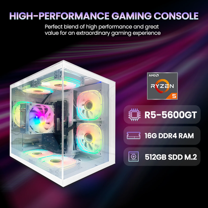 Gaming PC, AMD Ryzen 5 5600GT, Vega 7 Graphics, 16GB DDR4 RAM, 512GB SSD, Wi-Fi 6-White
