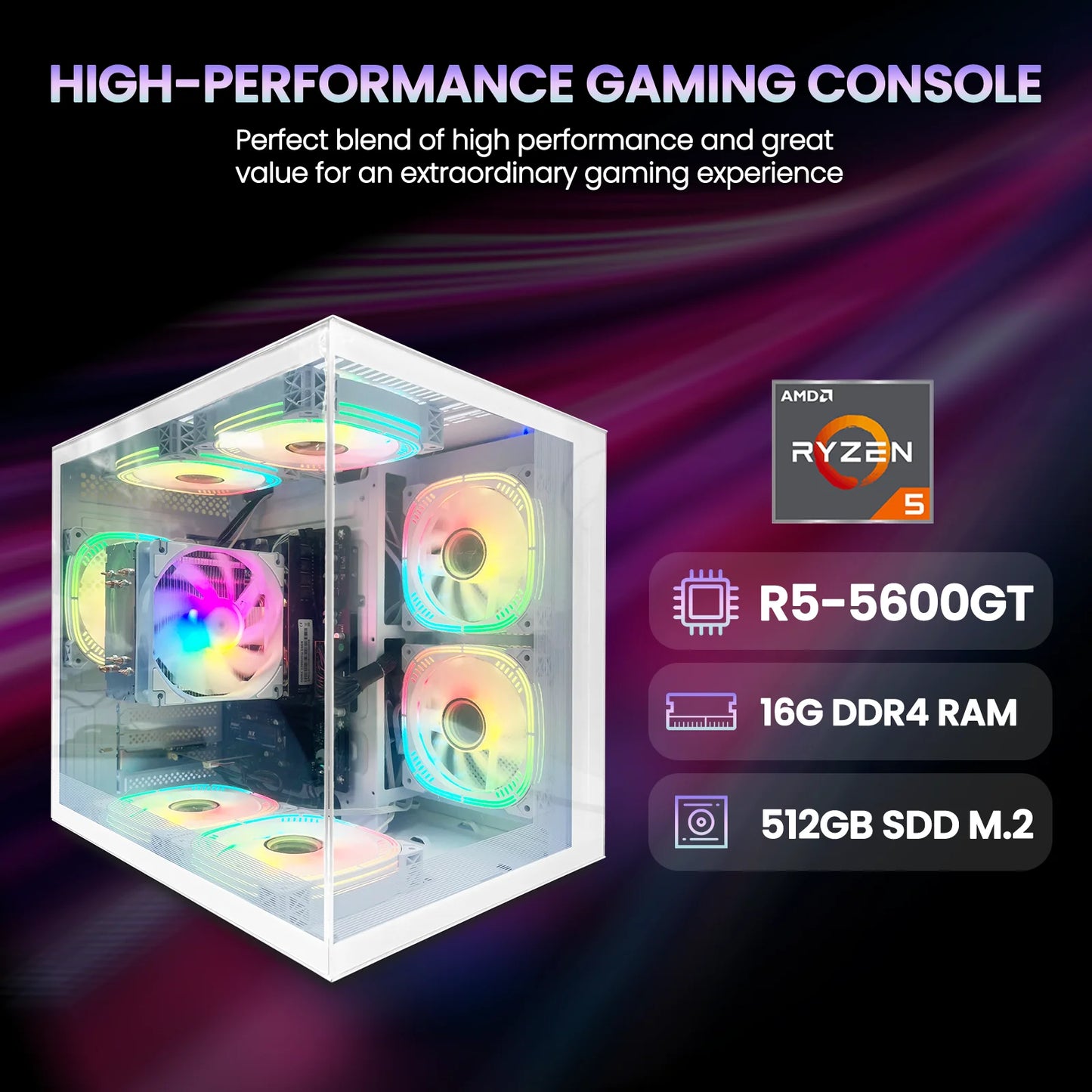 Gaming PC, AMD Ryzen 5 5600GT, Vega 7 Graphics, 16GB DDR4 RAM, 512GB SSD, Wi-Fi 6-White