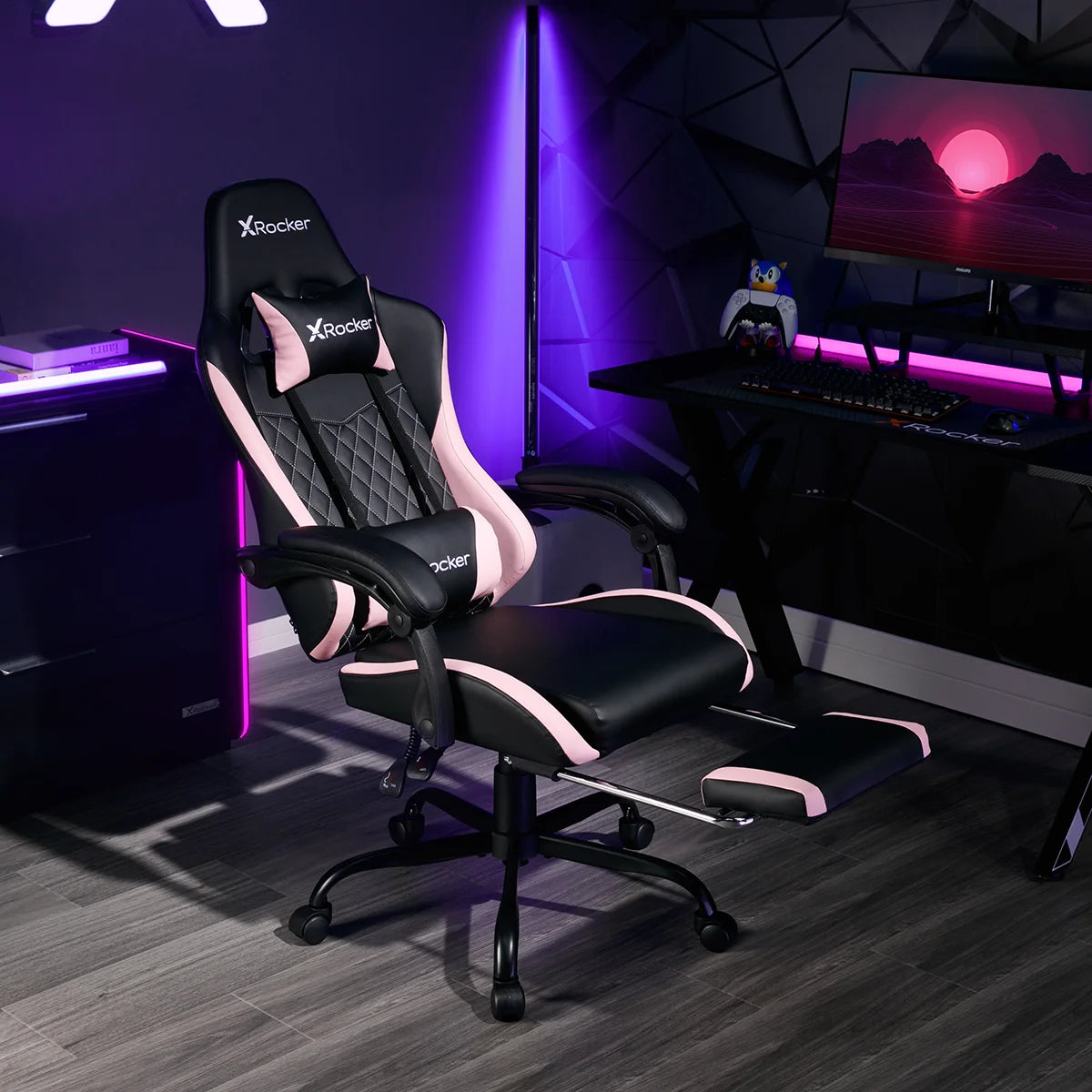 Apex PC Gaming Chair with Massage Function and Footrest, Pink