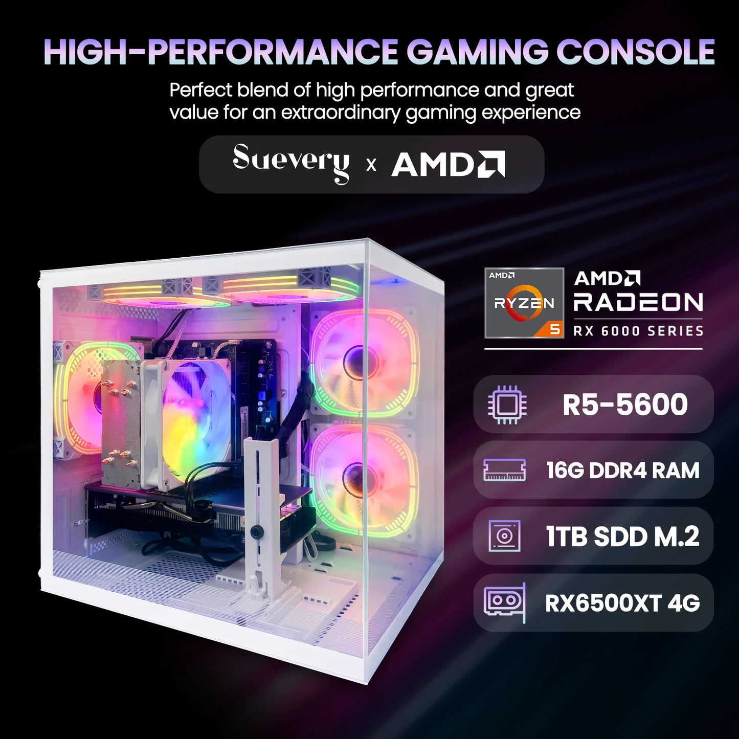Gaming Desktop PC, AMD Ryzen 5 5600, Radeon RX 6500, 16GB, DDR4, 1TB Nvme SSD, Wifi 6, B450 Motherboard, Wifi 6
