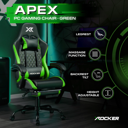 Apex PC Gaming Chair with Massage Function and Footrest, Green