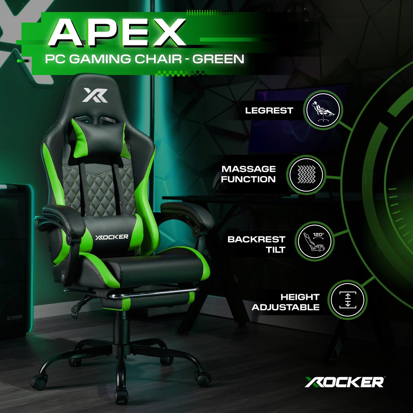 Apex PC Gaming Chair with Massage Function and Footrest, Green