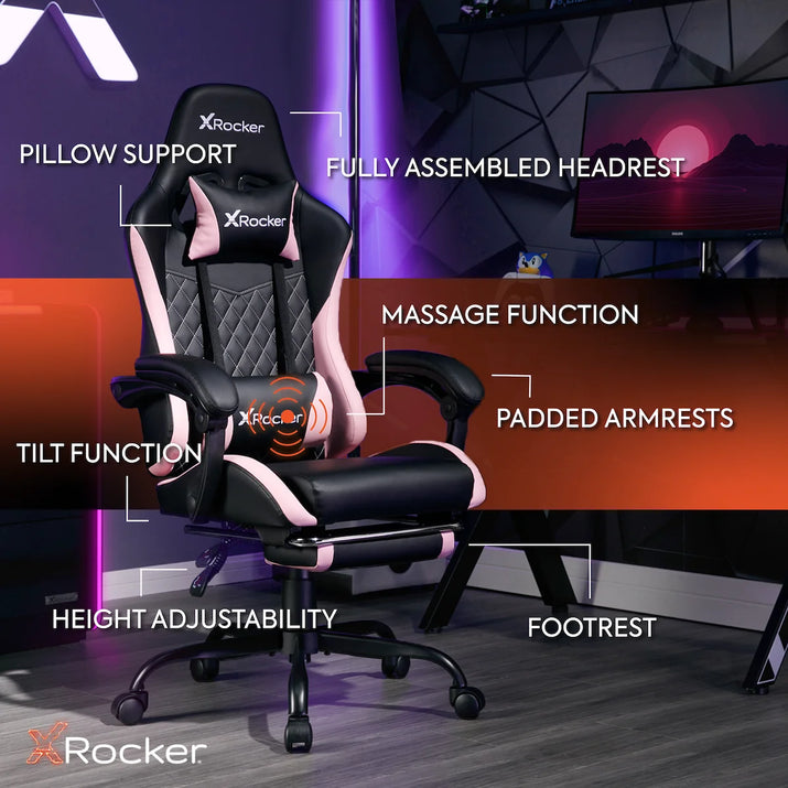 Apex PC Gaming Chair with Massage Function and Footrest, Pink
