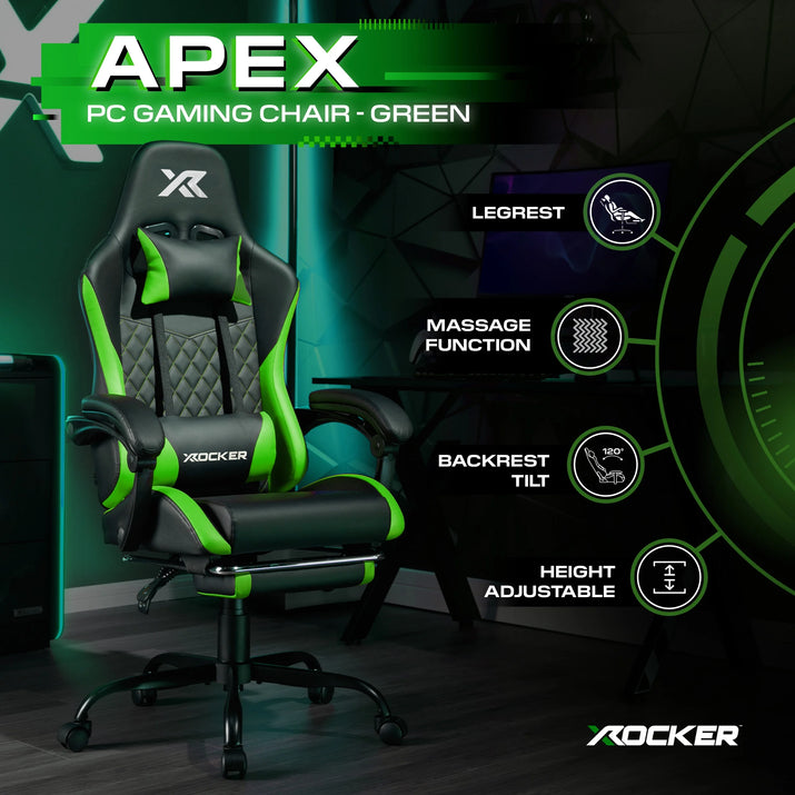 Apex PC Gaming Chair with Massage Function and Footrest, Green