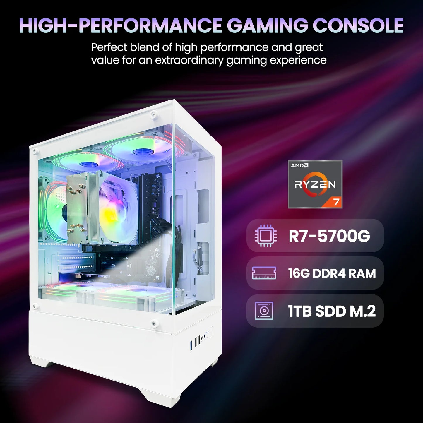 Gaming PC Desktop- AMD Ryzen R7-5700G B450 Chipset 32GB RAM 1TB SSD - White